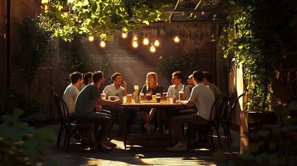 Group of friends enjoying a lively dinner with drinks under string lights in a cozy outdoor setting during evening hours