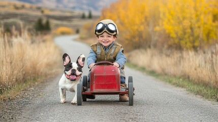 Young boy wearing flying goggles and flight cap races a red toy car with his French Bulldog along a small road in Utah, capturing the essence of adventure and friendship in a playful outdoor scene