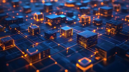 Abstract digital cityscape with glowing blue blocks representing buildings and network connections