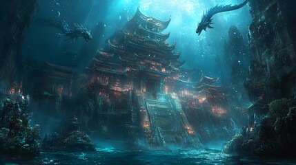 Underwater temple with two dragons illuminated by light