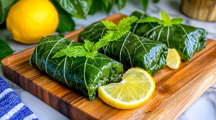 Fresh Grape Leaves Dolmades with Lemon Slices on Wooden Cutting Board