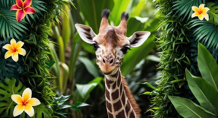 A playful baby giraffe peeking through lush jungle plants surrounded by tropical flowers