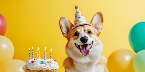 Wall Mural - Adorable corgi dog celebrating a birthday with a party hat smiling expressively next to a birthday cake colorful cupcakes and festive balloons A cheerful pet portrait in a celebratory scene