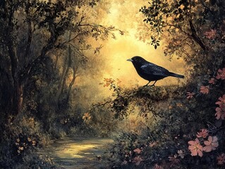 Sticker - Blackbird in a Golden Forest - Nature Painting