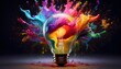 © Designpro - vibrant multicolor splash colorful creative light bulb on black background. Symbol of innovation growth idea creativity technology power