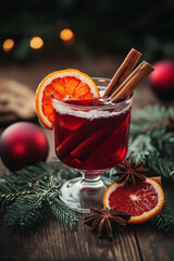 Wall Mural - Glass of mulled wine with cinnamon sticks and orange slices is surrounded by christmas decorations on a wooden table