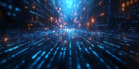 Digital matrix background with vertical streams of binary code and glowing numbers Abstract technology concept with futuristic computer network visualization and illuminated data strings
