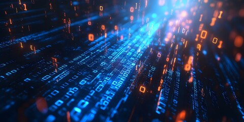 Digital matrix background with vertical streams of binary code and glowing numbers Abstract technology concept with futuristic computer network visualization and illuminated data strings