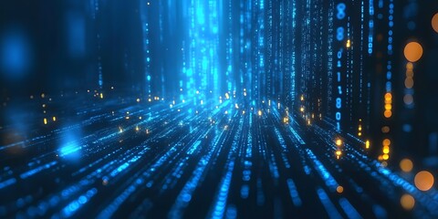 Digital matrix background with vertical streams of binary code and glowing numbers Abstract technology concept with futuristic computer network visualization and illuminated data strings