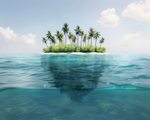 Wall Mural - submerged tropical island with visible palm trees global warming concept