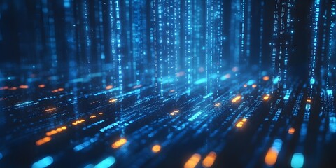Digital matrix background with vertical streams of binary code and glowing numbers Abstract technology concept with futuristic computer network visualization and illuminated data strings