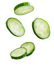 Wall Mural - Fresh cucumber slices soaring gracefully in air against a pristine backdrop