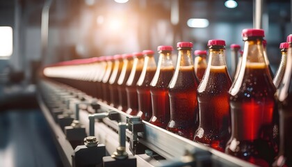 Refreshing dark red cola soda bottle line on manufacturing company. Liquid sweet fresh soft drink beverage production system factory