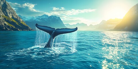 Majestic whale tail breaching under a bright blue sky with crystal clear ocean and sunlit water droplets Vivid turquoise sea and distant mountains capture a serene vibrant seascape