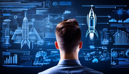 Wall Mural - Exploring Innovative Ideas Through Digital Interfaces and Rocket Imagery Symbolizing Growth and Technology