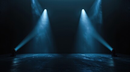 Poster - Two Blue Spotlights Illuminating a Dark Stage with Smoke