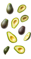 Wall Mural - Fresh and vibrant avocados scattered artistically on a crisp white surface