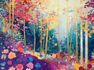 A dynamic sweep of paint on canvas, depicting a forest in autumn, with colorful leaves and flowers, accented by gold line art