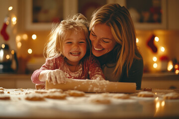 Mother and daughter are covered in flour and laughing while baking christmas cookies together