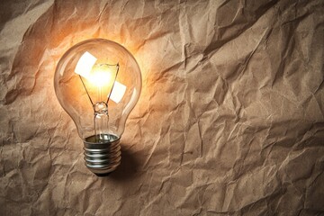 Wall Mural - A lightbulb illuminated, set against a soft, textured paper background, symbolizing detailed research