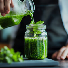 Fresh green smoothie being poured into a glass jar with mint leaves.