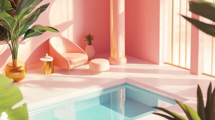 Sticker - Elegant interior with a pink theme featuring a serene pool and stylish seating arrangement during daylight