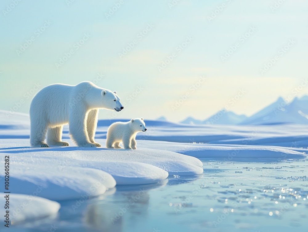 Polar bear and cub standing on an ice floe, gazing over the Arctic ...