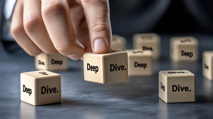 A businessman's hand holding a cube that says 