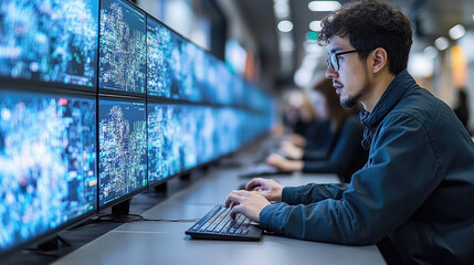 Wall Mural - A person sits at a workstation, intensely analyzing complex data on multiple high-resolution monitors in a contemporary office