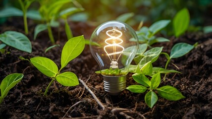 Luminous bright light bulb on green forest plant soil. new life modern tech lamp on nature. Concept of creativity idea energy ecology growth