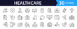 © SMUX - Healthcare set of web icons in line style. Medicine and Health Care linear icon collection. Containing emergency, doctor, treatment, medical, report, diagnosis, health, prevention. Editable stroke