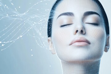 Fototapete - Abstract diagram of skincare procedures featuring lines and dots over a serene face in a calming blue-toned background. Generative AI