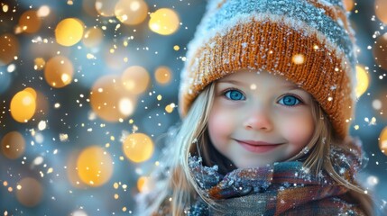 A cute little girl with blue eyes wearing winter 