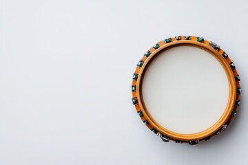 Empty tambourine on white backdrop, musical concept