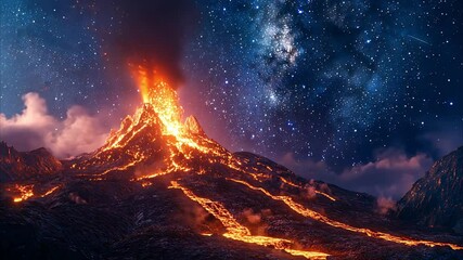 Volcano Eruption Under a Starry Sky