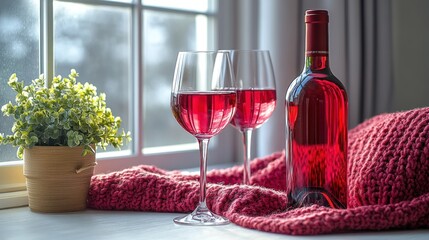 Two glasses of red wine sit next to a bottle, basking in the warm afternoon light