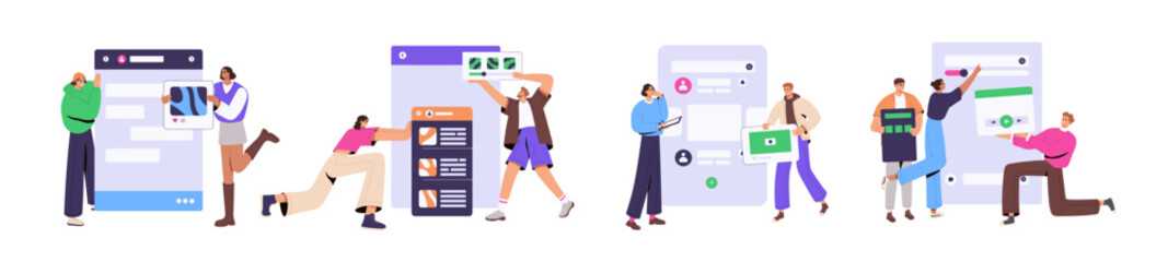 UX UI designers set. Concept of user interface development. People create design of mobile apps. Team builds prototypes of web sites' screens. Flat isolated vector illustrations on white background