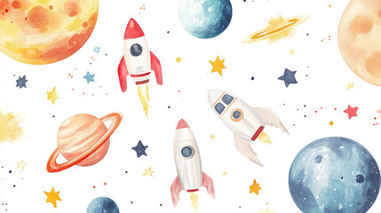a charming picture of space with rockets, planets, stars, comets, and asteroids, all painted in wate