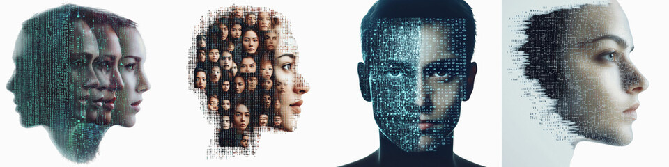 set of A person merging a computer screen binary code and random human face, png file, computer, person, human face combination, face merging, on a transparent backgrounds