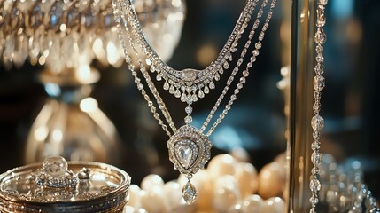 Elegant silver jewelry displayed with pearls, showcasing intricate designs and sparkling details in an opulent setting.