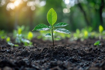 Young Seedling in Sunlit Soil of a Vibrant Outdoor Garden