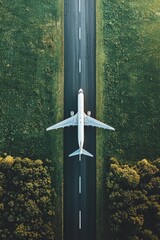 Wall Mural - Aerial view of an airplane on a runway, surrounded by green landscape that extend all the way till the horizon 