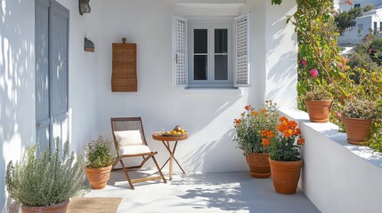 A modern with clean white walls, simple wooden furniture, and terracotta pots filled with flowers