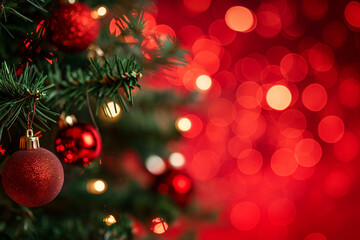 Red Christmas baubles hanging on a green Christmas tree with blurred bokeh red lights in the background, traditional holiday festive decoration