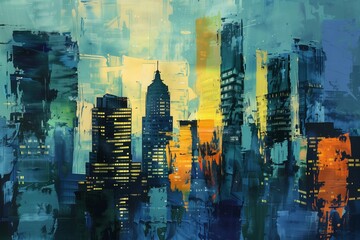 A painting of a cityscape with tall buildings and a cloudy sky