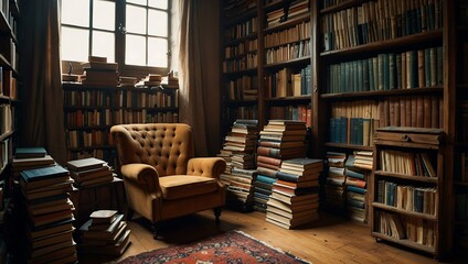 Room filled with neatly stacked books and a comfy chair.