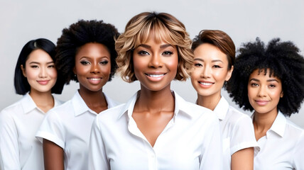 A group of women with different hair types and styles are smiling for a photo