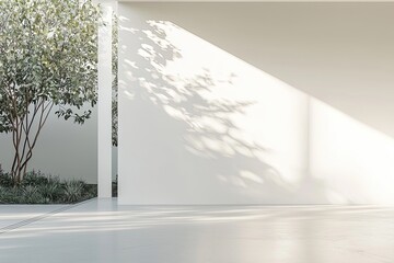 A minimalist empty room featuring natural sunlight reflections on the white walls and tiled floor, creating a serene, open atmosphere