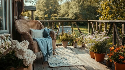 Wall Mural - A rustic countryside balcony with wooden flooring, soft textiles, and blooming potted flowers overlooking a peaceful garden