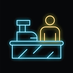 Wall Mural - Glowing neon line cashier at supermarket checkout counter icon isolated on black background. Vector illustration